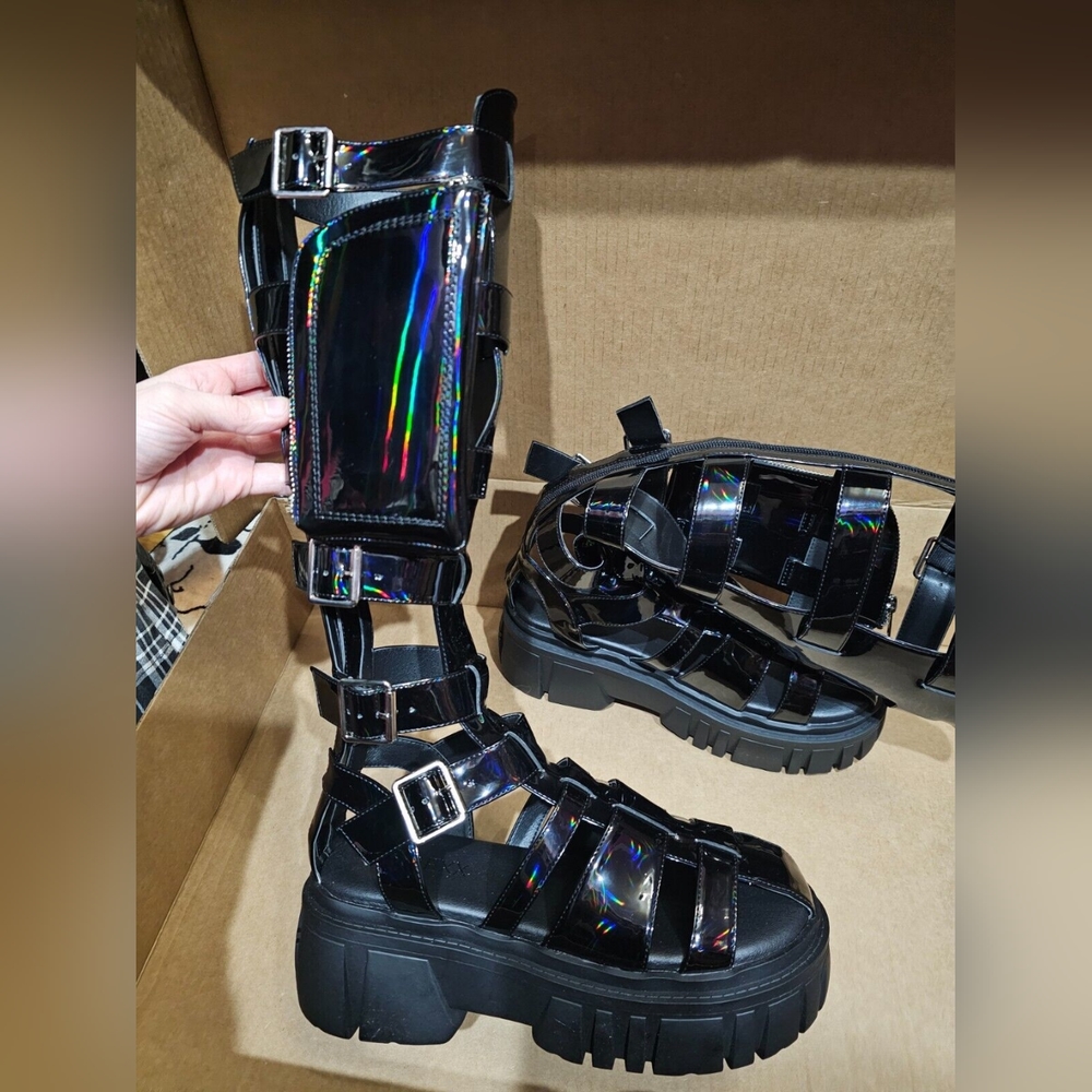Holographic Oil slick black Rave Club Exx Stage Diver Gladiator Sandals Shoes 9 - Picture 7 of 16